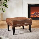 Christopher Knight Home Elber Mid-Century Modern Upholstered Ottoman Coffee Table, Small Living Room Sofa Footrest, Wooden Rectangular Ottoman Footstool, Brown