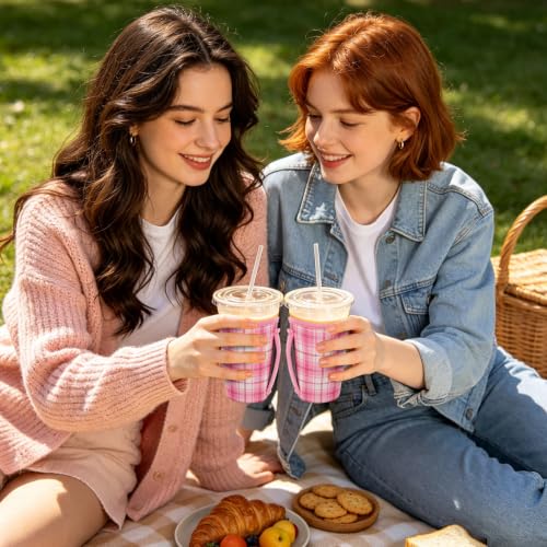 Image of KJQJLY 3 Reusable Iced Coffee Sleeves for Iced Coffee Cups or Drinks Reusable Neoprene Insulated Sleeves for Hot and Cold Drinks from Starbucks, Dunkin, And More (Preppy Pink Plaid)