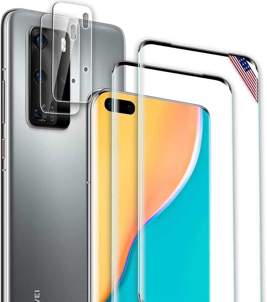 (2+2 Pcs) Screen Protector for Huawei P40 Pro 5G Screen Protector (2 Pcs)+Camera Lens Protector (2 Pcs),9H Hardness, Scratch Resistance, No Bubbles, Suitable HD Tempered Glass for Huawei P40 Pro