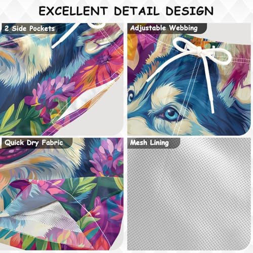 DOMIKING Husky Flowers Colorful Toddler Boys' Swim Trunks Mesh Lining Swim Shorts for Boy Kids Adjustable Waist 2T3
