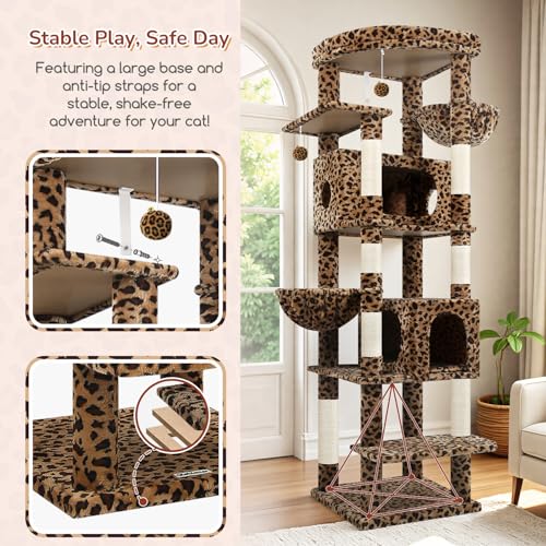 Image of Globlazer Heavy Duty Cat Tree, 74inch Sturdy Cat Tower for Large Cats Adult, Big Cat Tree with 7 Sisal Scratching Posts, 2 Padded Cat Condos, 2 Hanging Baskets, Enlarged Top Perch, S74, Leopard Print