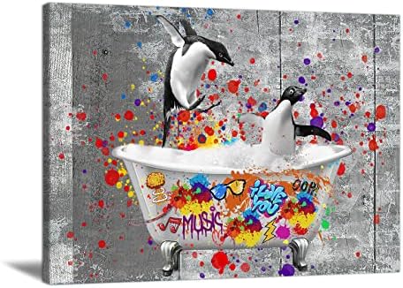 Funny Animal Wall Art Penguin Picture Graffiti Canvas Art Animal Bathroom Wall Art Animals in Bathtub Art Funny Bathroom Poster Funny Penguin Canvas Graffiti Bathroom Wall Decor 16x24 inch Frameless