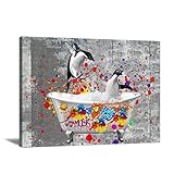 Funny Animal Wall Art Penguin Picture Graffiti Canvas Art Animal Bathroom Wall Art Animals in Bathtu