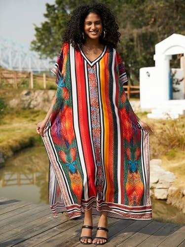 Image of IMAGEKOPE Kaftan Dresses for Women Plus Size Bathing Suit Cover up Vneck Batwing Dress Loose fit Moroccan Caftan mumu Dresses