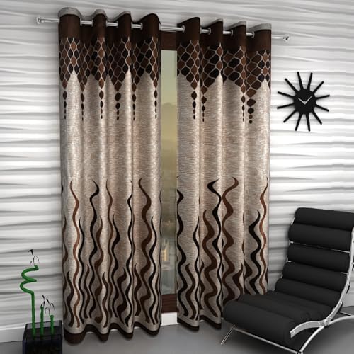 Image of Home Sizzler 2 Pieces Wave Panel Eyelet Polyester Semi- Transparent Door Curtains - 6 Feet, Brown