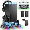 MENEEA Upgraded Charger-Stand Cooling-Fan for Xbox Series X, Dual Wireless Charger Dock Cooler System for Xbox Controller& Console,Accessories with 11 RGB Light Modes,2x1400mAh Rechargeable Batteries