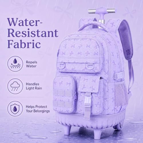 Image of CCJPX Rolling Backpack for Girls, 3Pcs Roller Wheeled School Bookbag, Bow Wheels Backpacks with Lunch Box for Kids (Purple)