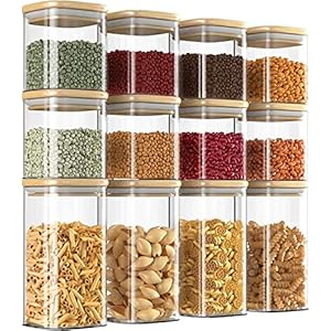 Finew Glass Storage Jars with Bamboo Lid, 12 Pack Airtight Food Jars Set, Clear Kitchen Storage Canisters Containers for Spice Herbs Coffee Tea Pasta Beans Sugar Cookie Snack Seed – 700ml, 350ml