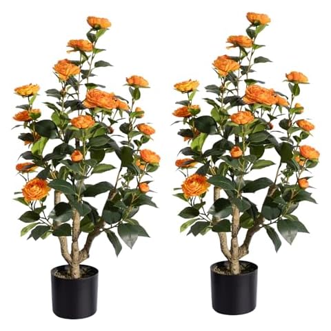 Romantic Season 2Pack Artificial Camellia Tree 3FT, Orange Faux Camellia Plant Fake Potted Camellia Flower Tree Plastic Camellia Tree for Modern Home Office Living Room Floor Décor Indoor Cover