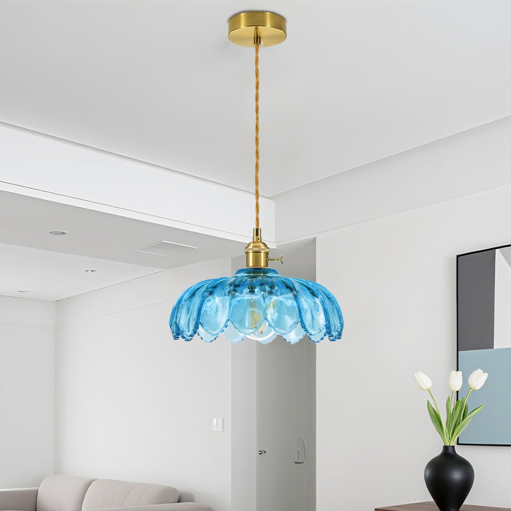 Lampada a sospensione blu a forma di loto, per tavolo da pranzo, in vetro vintage, con attacco E27, regolabile in altezza, moderna lampada a sospensione retrò, paralume in vetro di loto, di