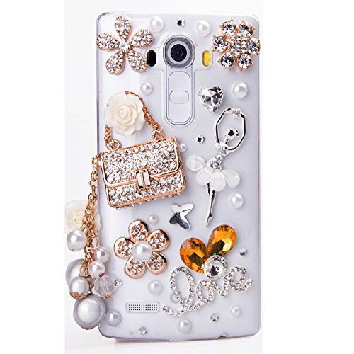 STENES Bling Phone Case Compatible with LG Escape 3 Case - Luxurious Crystal 3D Handmade Sparkle Diamond Rhinestone Clear Cover - Ballet Girl Bag Pearl Pendant Flowers Love/Clear