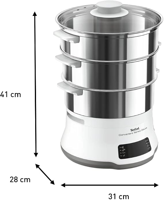Tefal Convenient Series Deluxe Steamer, Simple Touch Screen, 8 Programmes, Cooking on 3 Levels, Stainless Steel Container, Durable Quality, Healthy Preparation, Stainless Steel/White, VC502D