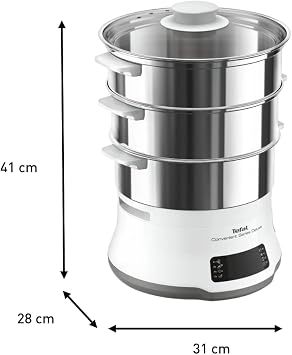 Tefal Convenient Series Deluxe Steamer, Simple Touch Screen, 8 Programmes, Cooking on 3 Levels, Stainless Steel Container, Durable Quality, Healthy Preparation, Stainless Steel/White, VC502D