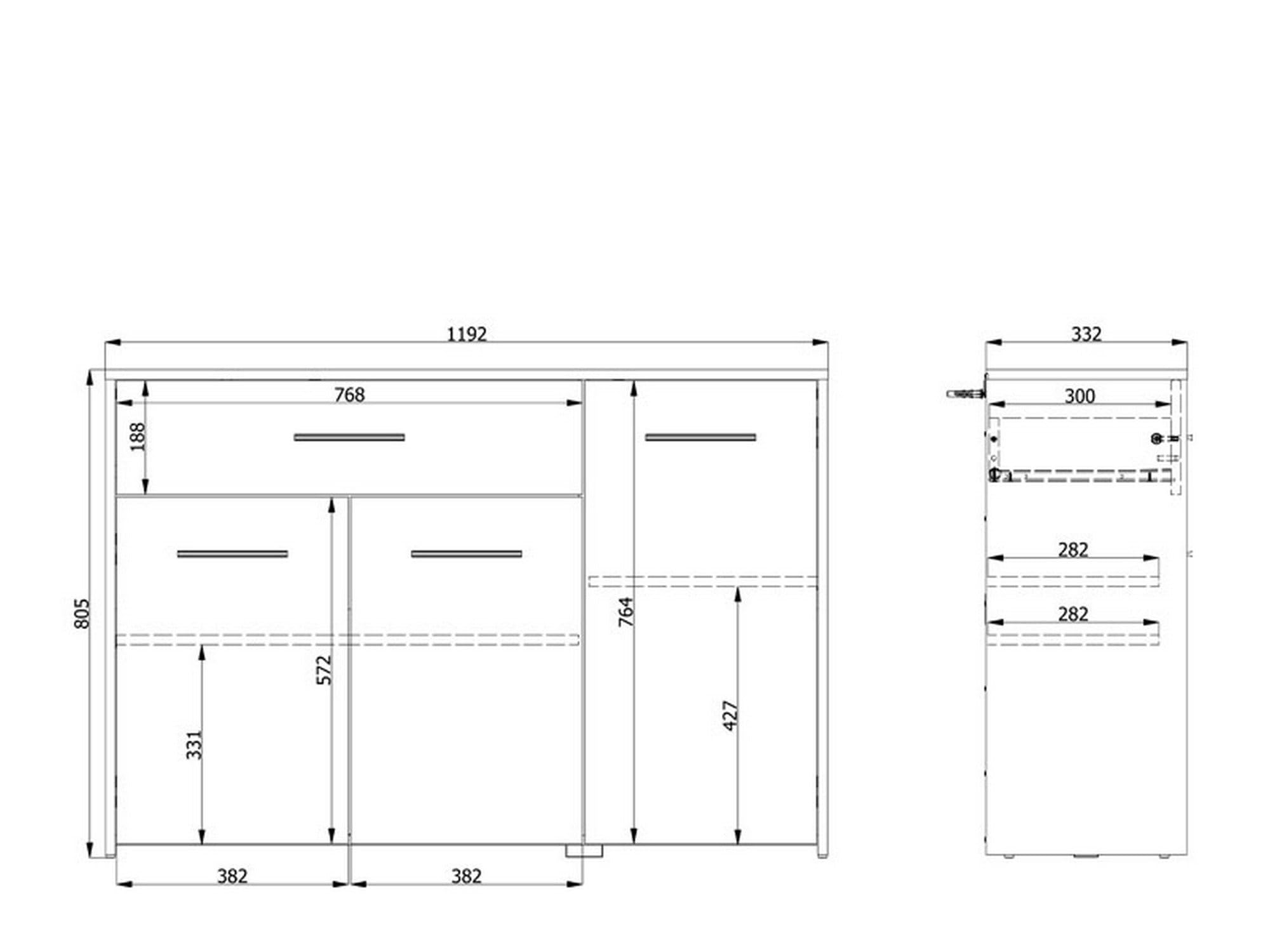 Dmora Credenza Funachi 119x33x81h cm Marrone Rovere Nodi 2 Ripiani un Cassetto, Madia 3 Ante