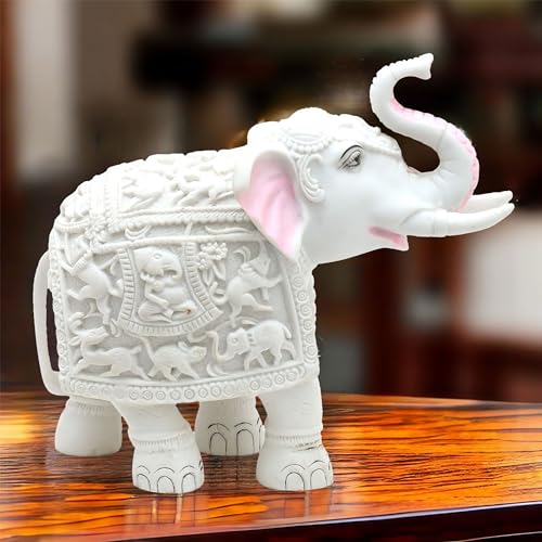 White Elephant Showpiece Big Size Marble Resin Aesthetic Statue Decorative Item for Home, 8 inch Elephant Decor for Home Vastu, Shelf, Study Room, Work Table (8 x 9 inch)