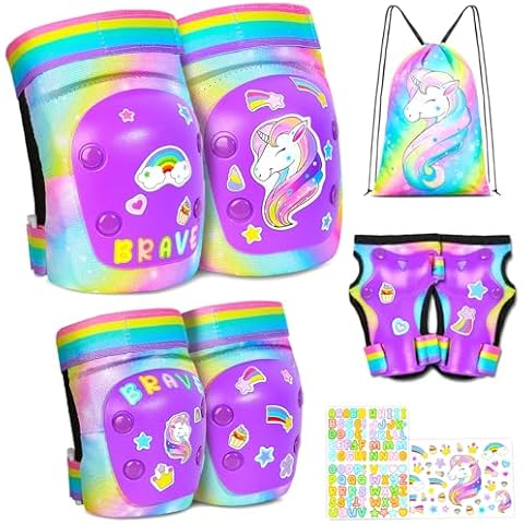 EllaSeek Knee Pads for Kids Knee Elbow Pads Wrist Guards Kids Protective Gear Set with Unicorn Stickers Toddler Knee and Elbow Pads for Kids 3-5-8 Years with Drawstring Bag, Rainbow Cover