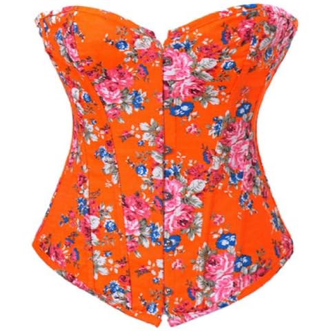 JL Corset Floral Denim Corset Overbust Lace Up Boned Bustier Top (UK(8-10) M, Orange) Cover