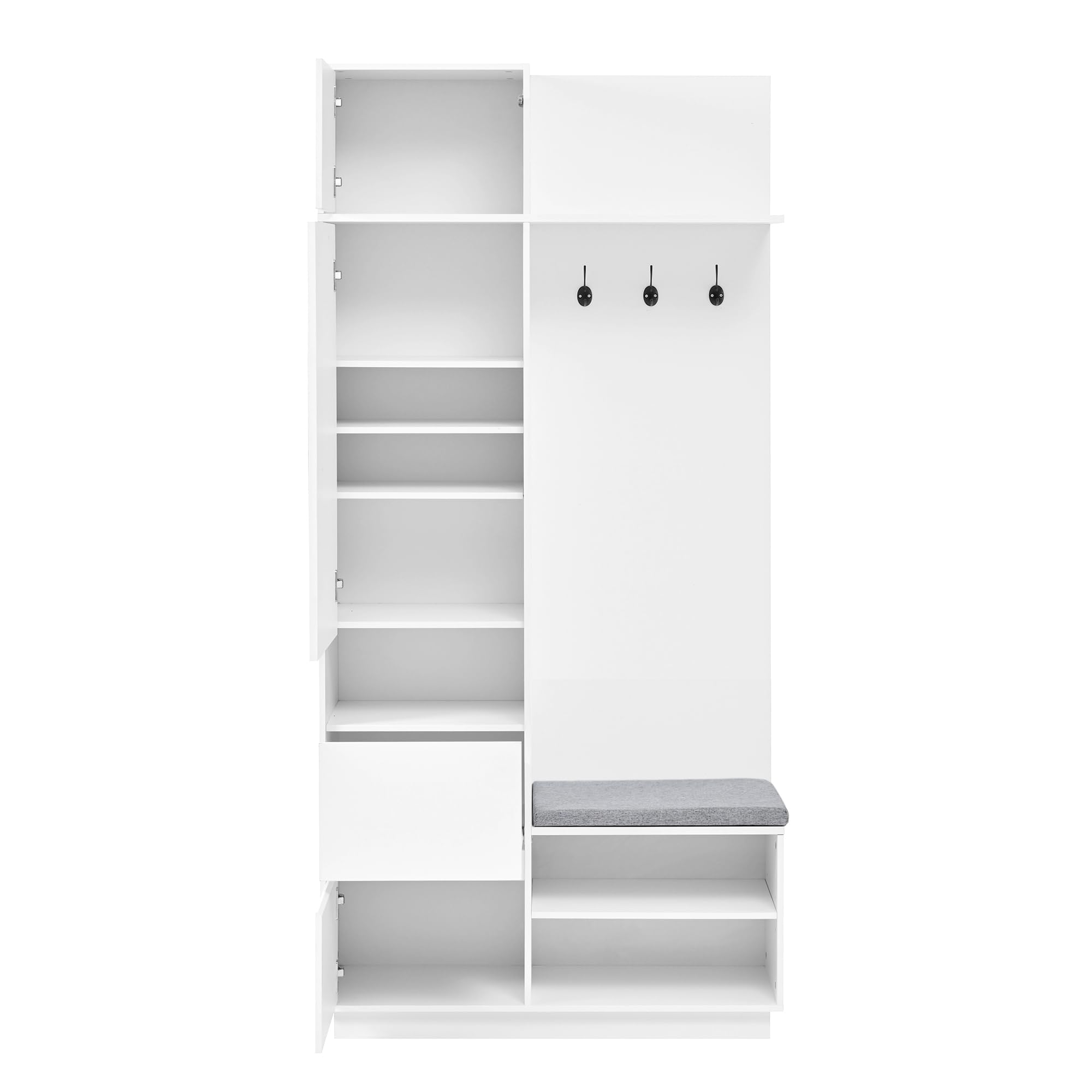 SUKY - Guardaroba compatto con specchio e panca, guardaroba da ingresso con scarpiera e ganci, 90 L x 34,5 P x 190