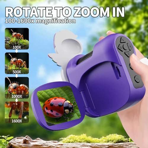 Image of 1600X Handheld Microscope for Kids 2 inch IPS Screen Kit Mini Pocket Digital Microscopes STEM Science with Slides Photo Video Rechargeable Portable Scope Gift for Ages 6-12 (Purple)