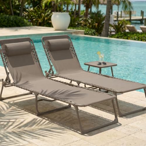 CASABEL Lot de 2 Chaises Longues Pliantes Taupe, transats extérieurs inclinables et Confortables, Acier Anti‑Rouille et Toile Textilene résistante,...