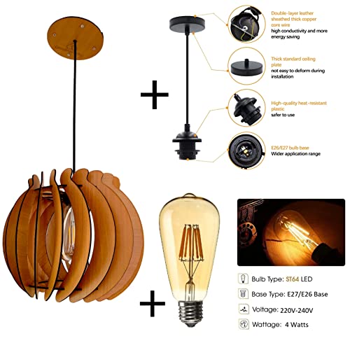 Image of Wood Pinecone Pendant lamp, Wooden Ceiling lamp, Wooden Hanging lamp handicrafted Home decore Chandelier Light (Round)
