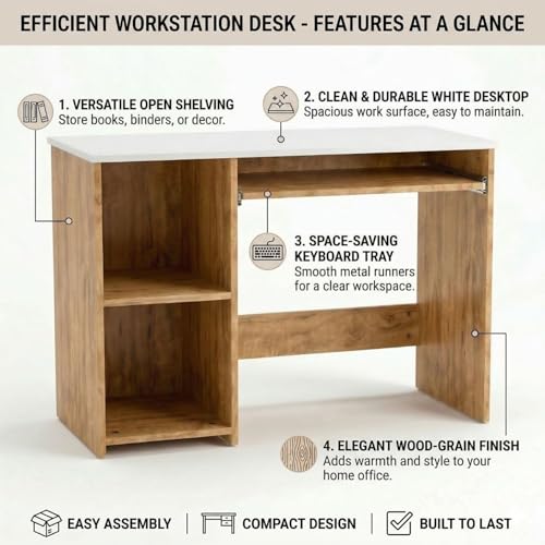 Image of FFO GlideDesk Wooden Computer Desk with Sliding Keyboard Tray & Storage Shelf | Compact Study & Work Table for Home Office | Space Saving Writing Desk | Engineered Wood