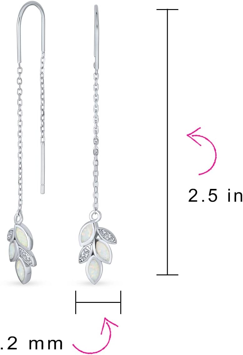 Delicate Minimalist Marquise Shaped Gemstone Leaf Feather White Iridescent Created Opal Inlay Long Chain Dangle Threader Earrings Western Jewelry For Women Teens .925 Sterling Silver