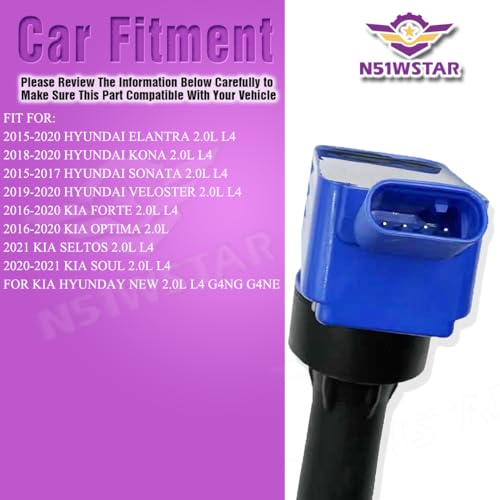 N51WSTAR Ignition Coil Packs Set Of 4 Compatible With HYUNDAI ELANTRA KONA SONATA VELOSTER KIA FORTE OPTIMA SELTOS SOUL 2.0L L4 G4NG N4NE Replacement For 27300-2E601 UF816 by N51WSTAR - Used condition - Image 6