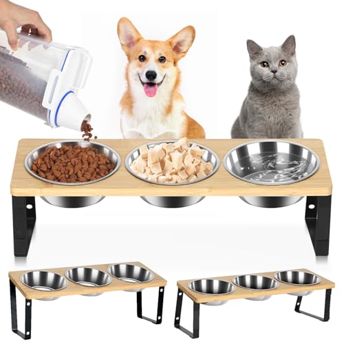 15° Tilted Cat Feeding Bowls, Triple Dog Bowl Stand, 3 in 1 Cat Bowls with Stand, Adjustable Height Elevated Feeder Bowls for Pets - Stainless Steel Kitten Puppy Dishes Feeding Station