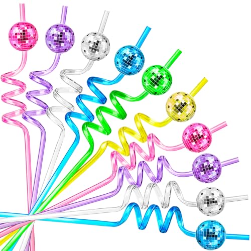 Snowfall 12 Pcs Disco Ball Straws Reusable Plastic Party Straws for 70s Disco Home Bar Karaoke Birthday Party Wedding Christmas Decorate Soccer Game Watch Party Supplies (Multicolor)