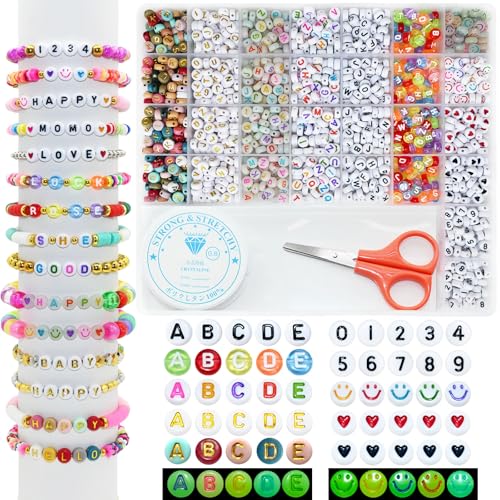 Image of Looconi 1500 Pieces 6 Colors Letter Alphabet Beads and Number Heart Beads Round Flat and Crystal Line for Jewelry Making