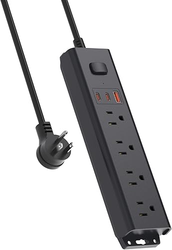 Regleta de protección contra sobretensiones con USB PD de 20 W, tira de toma de corriente montable con 4 salidas de CA y 3 puertos USB de carga
