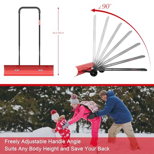 38 Inch Snow Shovel for Driveway, Brewin SnowPro Bi-Direction Heavy Duty Snow Pusher with Wheels and Angled Blade for Efficient Snow Removal, Back Saver Snow Plow for Doorway Sidewalk