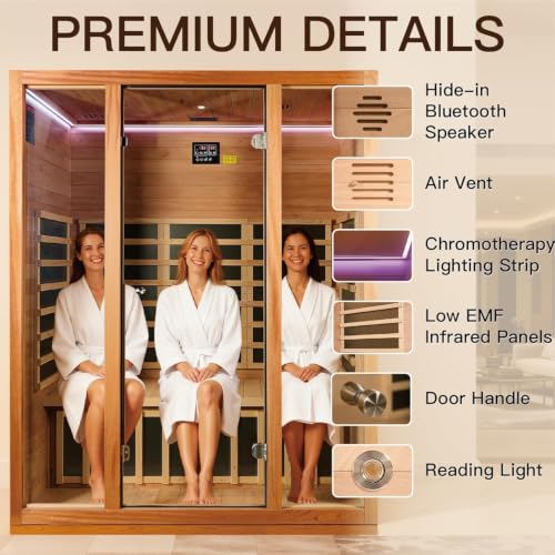 Image of 3 Person Far Infrared Sauna for Home, Hemlock Wood, Chromotherapy Lights | Low EMF infrared heating, HI-FI speaker, reading light, ventilation system, designed for apartment wellness