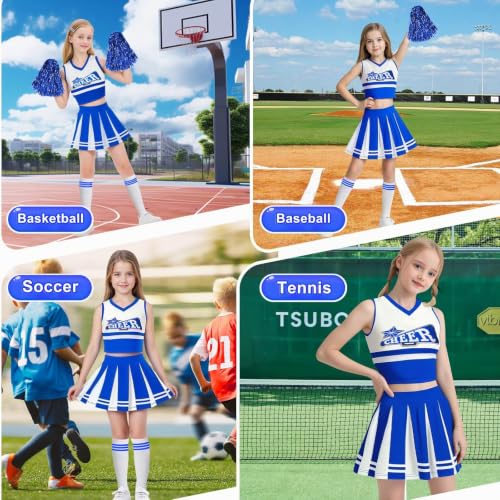 Luckyou Cheerleader Kinder Kostüm Mädchen Cheerleader mit Pompom Socken Karneval Kostüm Kinder für Halloween Sportfest-Blue-170