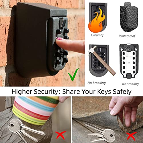 Lospu Hy Indoor & Outdoor Key Lock Box Wall Mounted Push Button Combination Key Safe Storage Security Lock Box With Black Rubber Cover & Wall Bolt Fixings For 5 To 7 Mortise Style Keys #TOP2