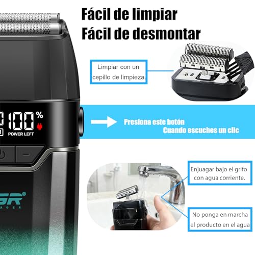 VGR 308 Afeitadora Electrica Hombre InaláMbrica, Shaver Barberia con Doble Capa de LáMina Flotante de Titanio y Motor de 9000RPM, Maquina de Afeitar Hombre Compacta con Pantalla LED, Carga USB, Verde - imagen 3