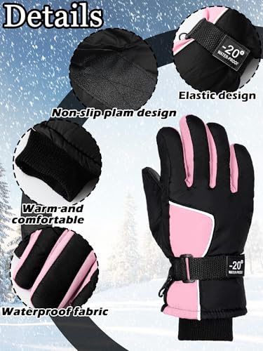 Image of SATINIOR 2 Pairs Kids Waterproof Winter Snow Gloves Ski Gloves for Boy Girl Outdoor Warm Thickening Snowboard
