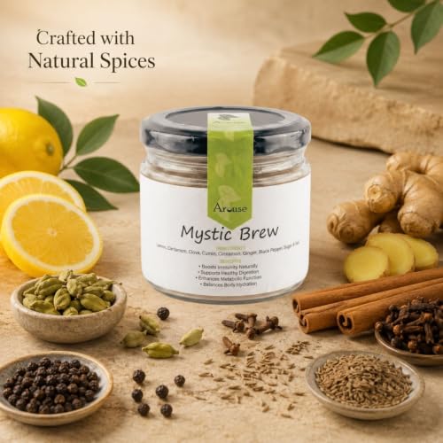 Image of Arouse Mystic Brew Instant Herbal Tea 100g | Instant Wellness Drink Mix | Lemon, Ginger, Cardamom & Spice Blend | Caffeine-Free | Just Add Hot Water | Digestive Herbal Beverage