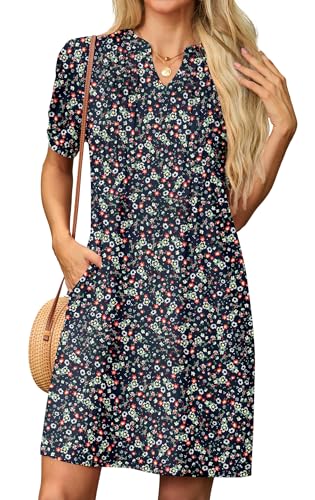 GRECERELLE Sommerkleid Damen Kurzarm V-Ausschnitt Etuikleider T-Shirt Minikleid Tunika Kleid Dresses for Women Leichte Kurze Freizeitkleid Strandkleid...