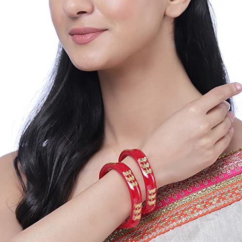 Set Of 2 Gold-Plated Bangles with Green Flower Engraving