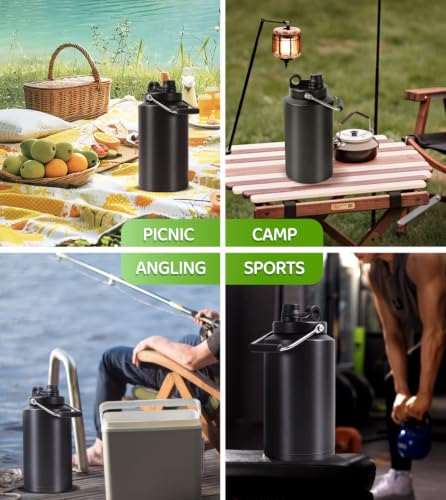 Image of Insulated Water Bottle,1 Gallon Jug with Handle, 128oz Stainless Steel, Large Water Wide Mouth Bottle for Hot & Cold Drinks, Wide Mouth, Ideal for Travel, Camping, Family (Black)