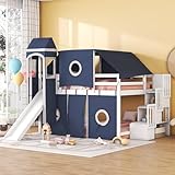 House Full Loft Bed with Slide,Storage Stairs and Tent, Wood Kids Loft Bunk Bed with Tower and Ladders, Playhouse Full Bed Frame for Kids, Teens, Boys & Girls (Full, Dark Blue)
