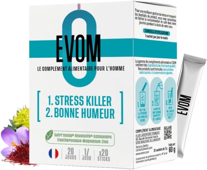 EVOM Stress Killer Good Mood – Anti-Stress Supplement for Men, Emotional Support & Mental Clarity, Rhodiola, Saffron, Schisandra, Magnesium, Zinc – 20 Day Cure