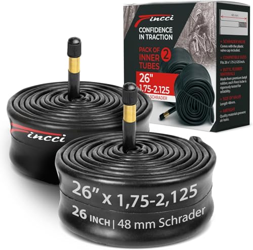 Fincci Chambre a Air 26 Pouces - Paire Сhambres à Air VTT 26 x 1.75 x 1.95 x 2.00 x 2.1 avec Valve Schrader 48mm pour Route bici, Montagne Bicyclette, Electricity Vélo, Un Paquet de 2 Accessoire