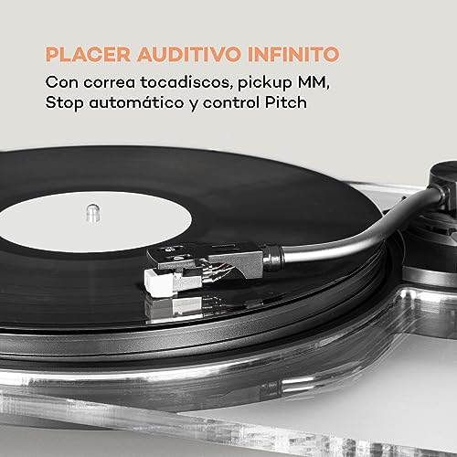 auna Pureness - Tocadiscos, Chasis de Vidrio acrílico, Tracción por Correa, USB, AUX, MM Pickup, Auto-Stop, Pitch Control: regulación de Velocidad, 33 1/3 y 45 RPM, Grabación, Transparente