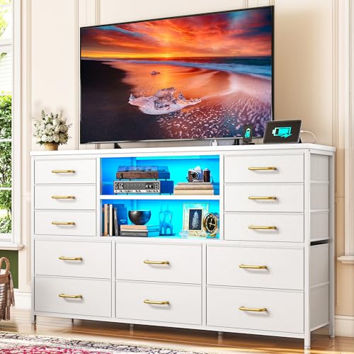 Romorgniz 12 Drawers TV Stand for 50/55 inch TV, Entertainment Center with LED & 4 Charging Ports, White Dresser with 2 Open Shelves & Wood Top, Fabric Dresser TV Stand for Living Room, Bedroom