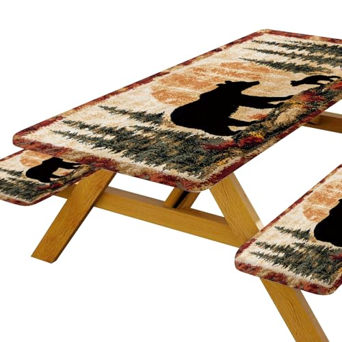 30X72 Inch 3 PCS Picnic Table Cover with Bench Cover Brown Bear,Water-Resistant Fitted Tablecloth Polyester Fabric Backing Rectangular Elastic Edged for Camping Outdoor Travel Fitted