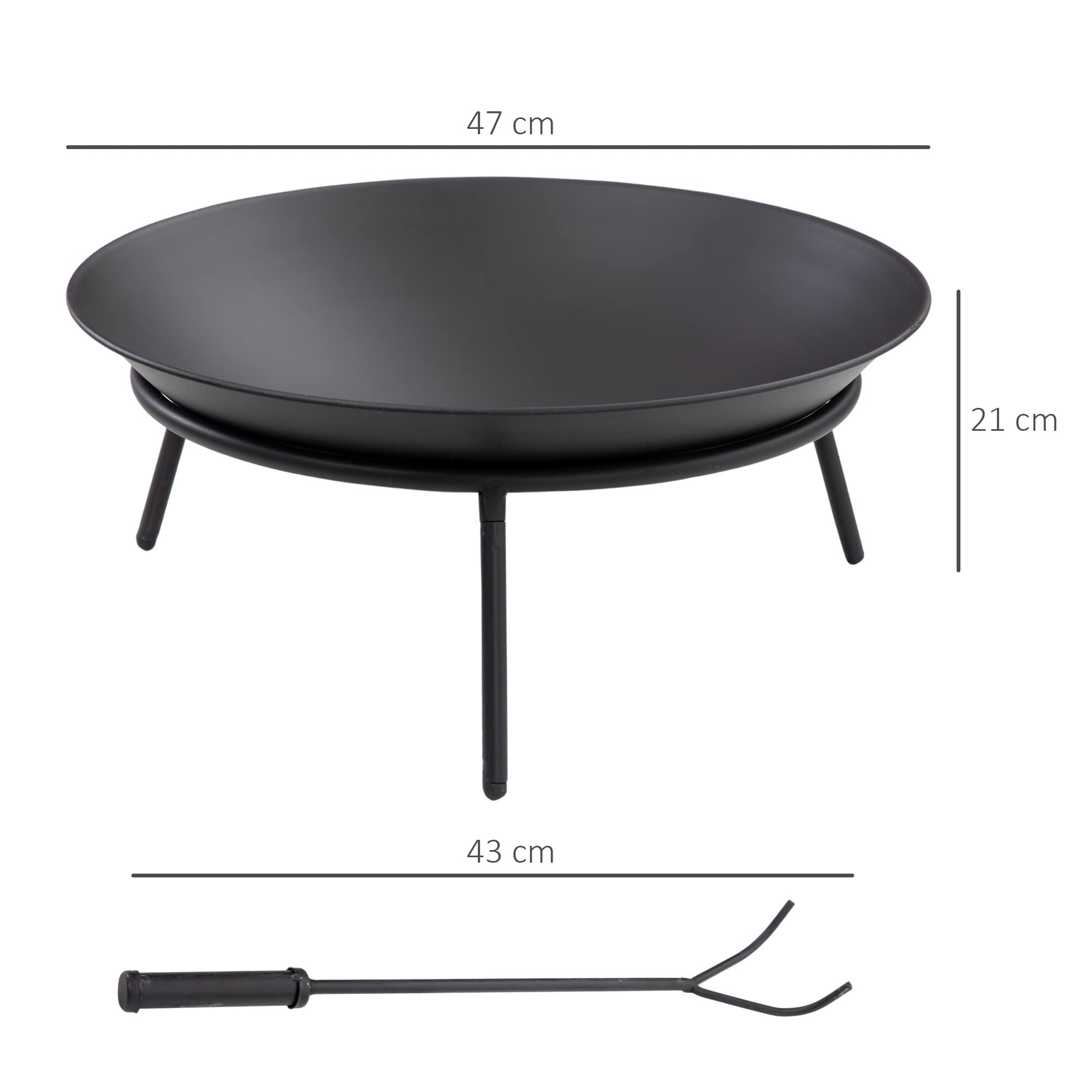 Outsunny Brasero Exterior para Jardín Pozo de Fuego de Metal Brasero de Leñas con Atizador para Hogueras Terraza Camping al Aire Libre Ø47x21 cm Negro