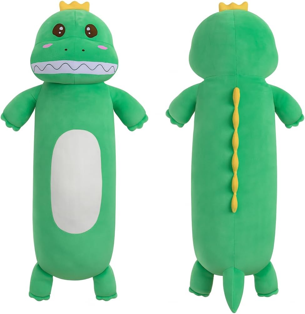 36inch Giant Dinosaur Plush Toy Long Body Pillow, Cute Green Extra Large Dinosaur Stuffed Animals, Big Soft Cuddle Pillow Squishy Dino Plushies Gifts Kids Boys Girls, Birthdays